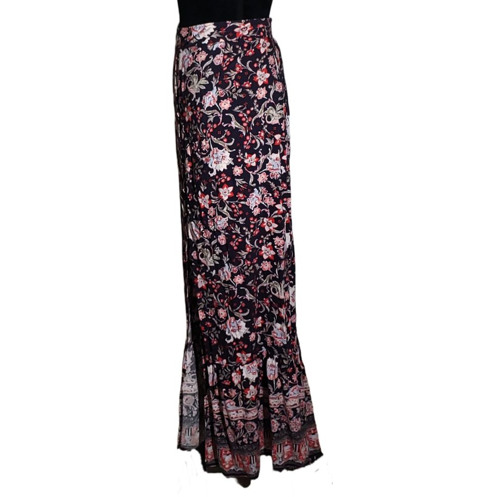 Knox Rose Boho Black Red Floral Tiered Vented Button Front Maxi Skirt Size XL